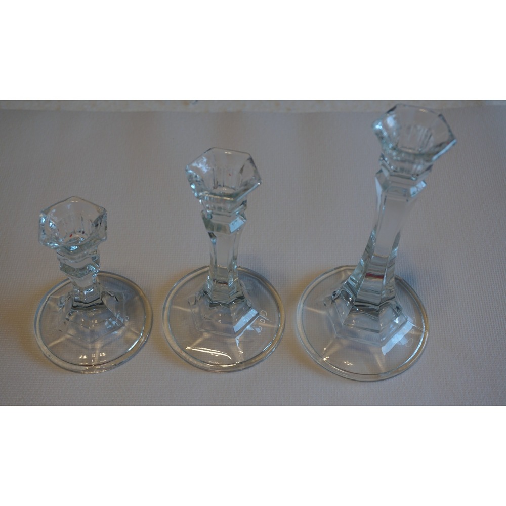 Set of 3 Graduated Clear Glass Candlestick Holders Hexagonal Stem Tiered Pillars
